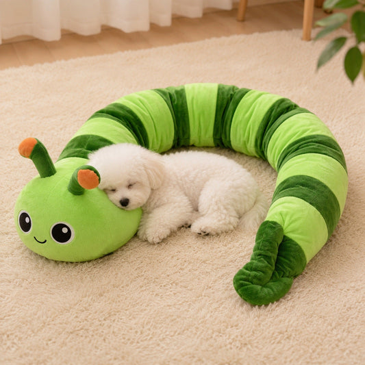 Pet Hush Caterpillar-Shaped Dog Pillow - Plush Dog Bolster Bed, Green