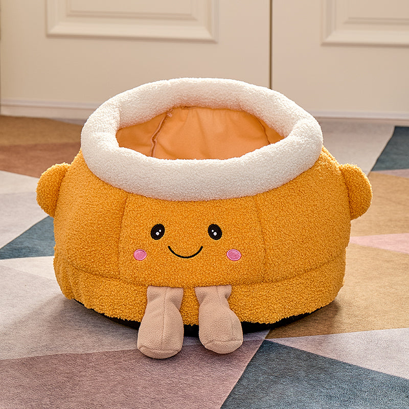 Pet Hush Smiley Face Pet Bed - Orange Plush Cat & Small Dog Sleeping Nest